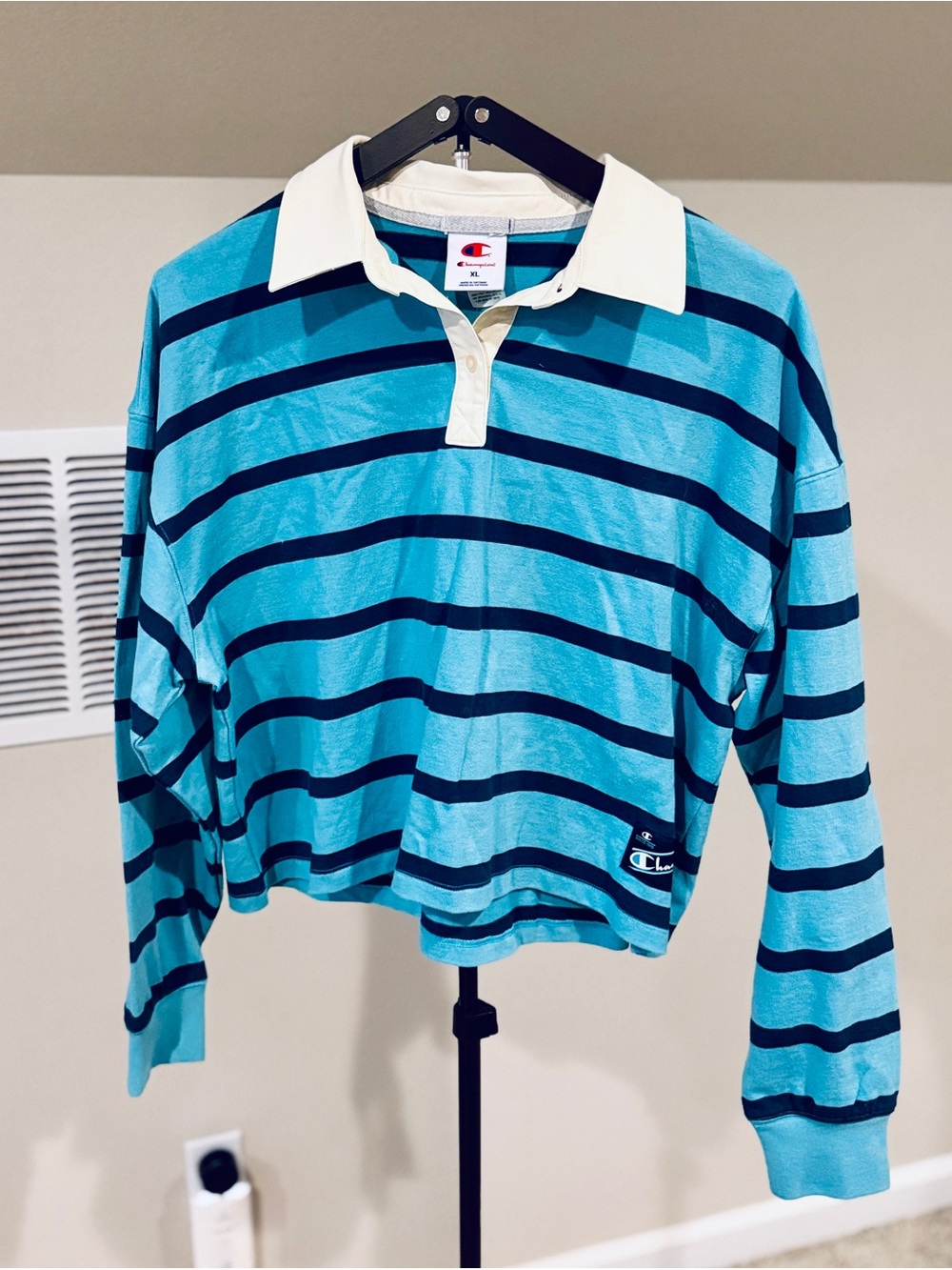 Champion Women’s Teal and Navy Striped Long Sleeve Polo